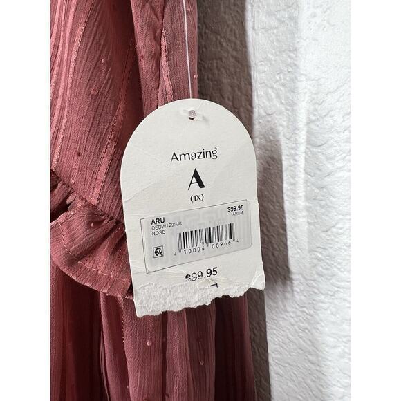 Arula Chiffon Ruffled Midi Dress Size A 1X Metallic Stripe Rose - Picture 3 of 8